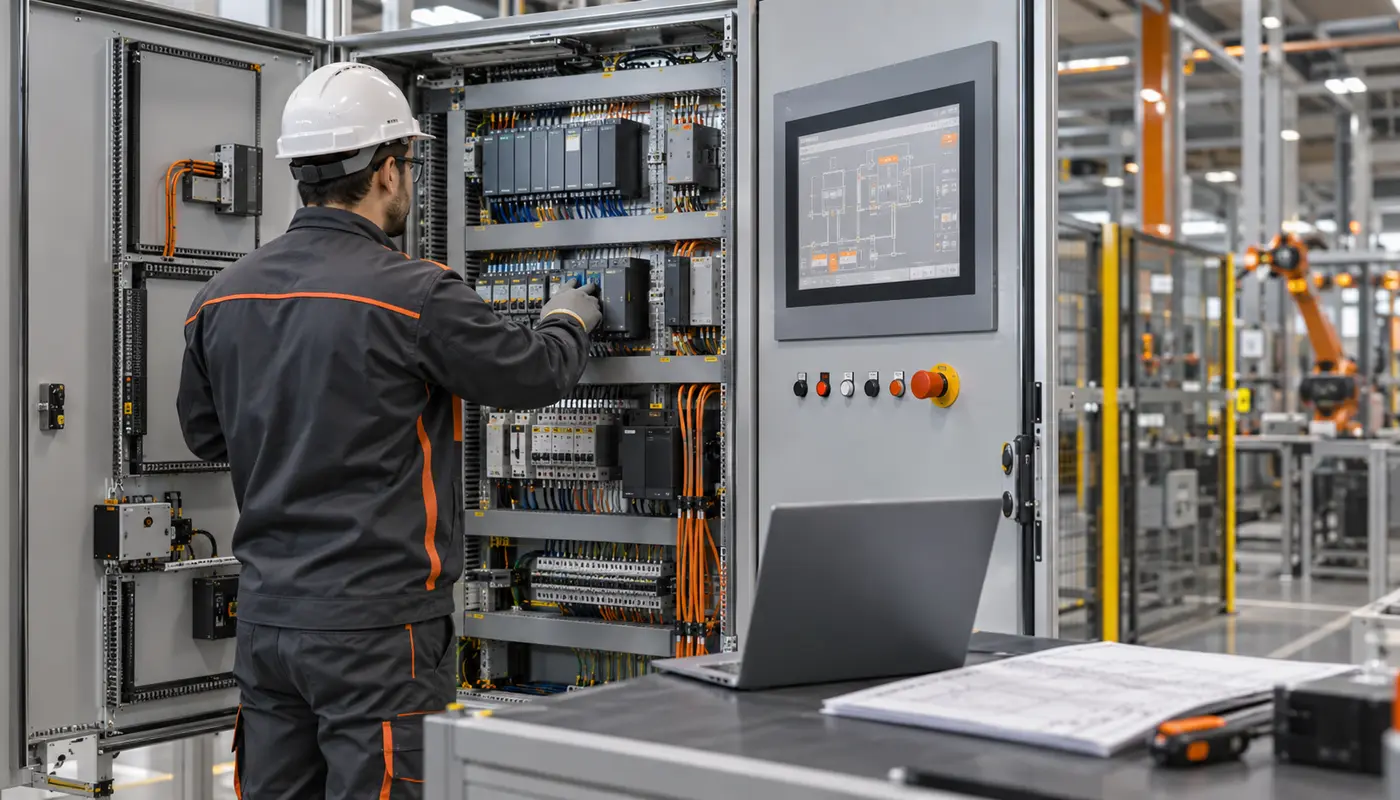 Tecnico specializzato durante il controllo di un quadro PLC per automazione industriale