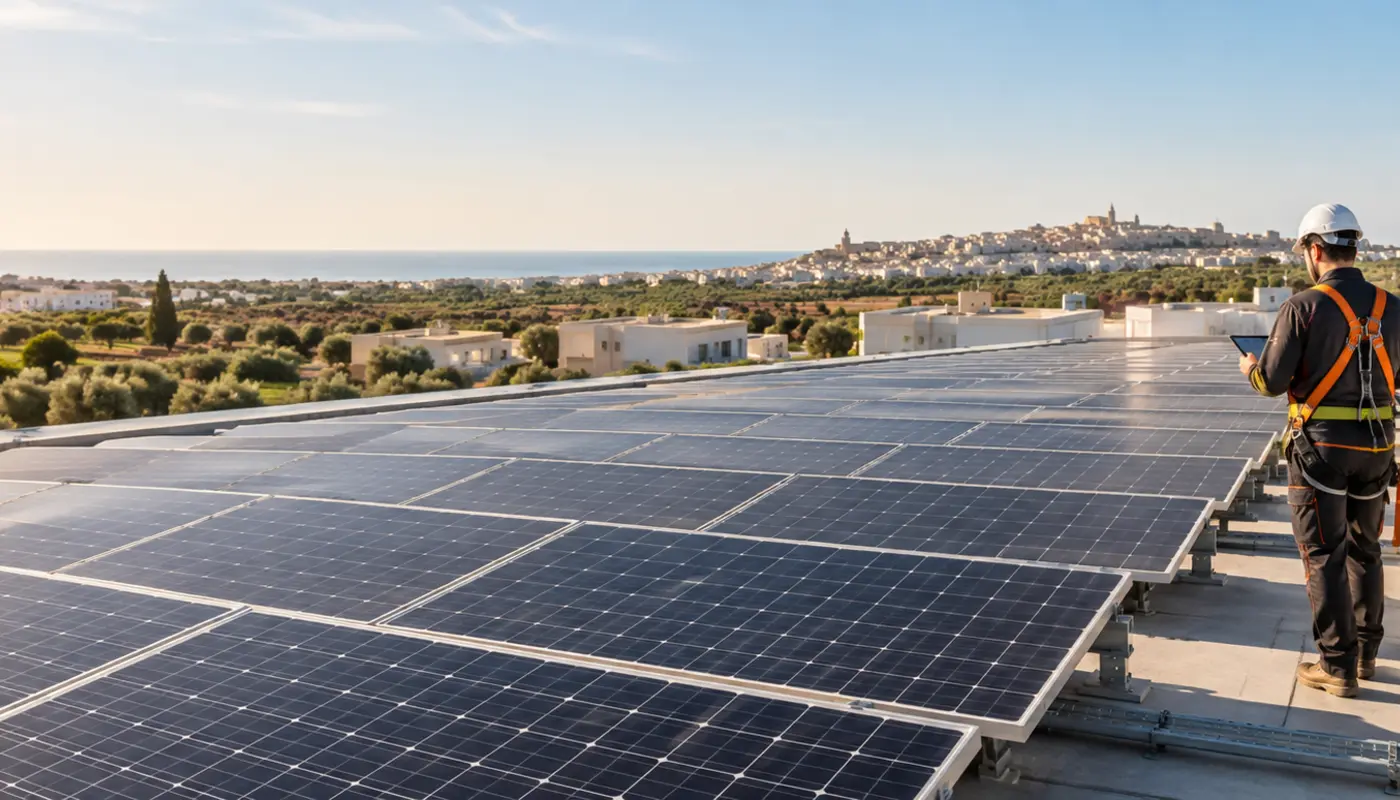 Impianto fotovoltaico industriale controllato da un tecnico specializzato in Puglia